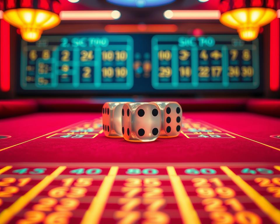 A close-up shot of a TD88 Sic Bo (xúc xắc) betting table, illuminated by warm, ambient lighting. The table is covered in rich, red velvet, with glowing, neon-lit bet zones arranged in a grid pattern. Three large, translucent dice sit prominently in the center, ready to be rolled. The scene conveys a sense of strategic tension and anticipation, as players carefully consider their &amp;quot;chiến thuật cá cược&amp;quot; (betting strategies) to outwit the odds.
