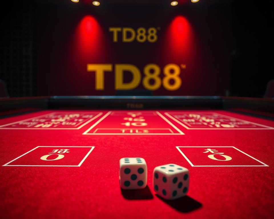 A dimly lit gaming table with a red velvet surface, showcasing the iconic TD88 branding. The table is adorned with glowing betting zones, inviting players to place their wagers on the classic Baccarat and Dragon Tiger games. In the foreground, three dice roll across the table, representing the Sic Bo (Xúc Xắc) game, adding an element of excitement and chance. The scene is captured with a cinematic lighting setup, creating a captivating and immersive atmosphere that draws the viewer into the world of casino gaming at TD88.